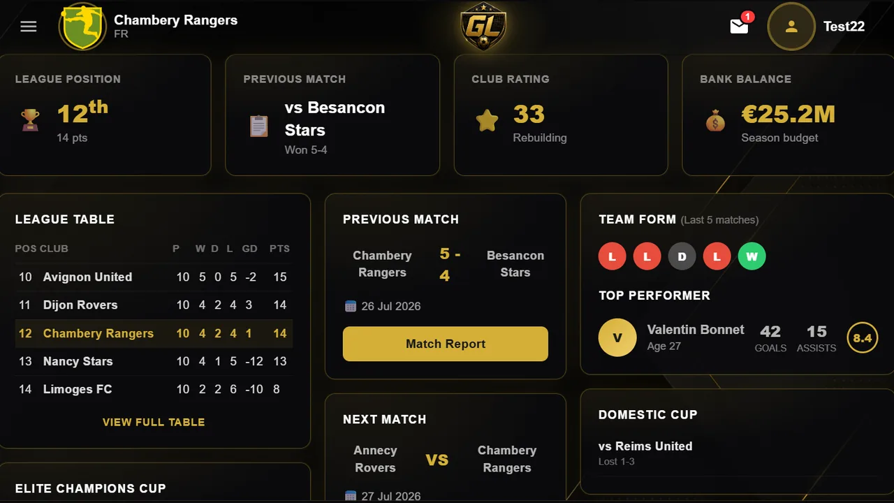 Goal Legends club dashboard