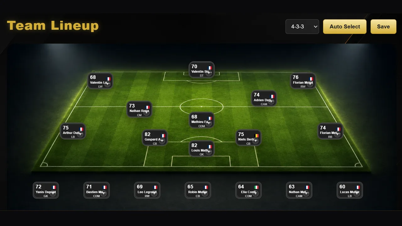Goal Legends tactics and lineup screen