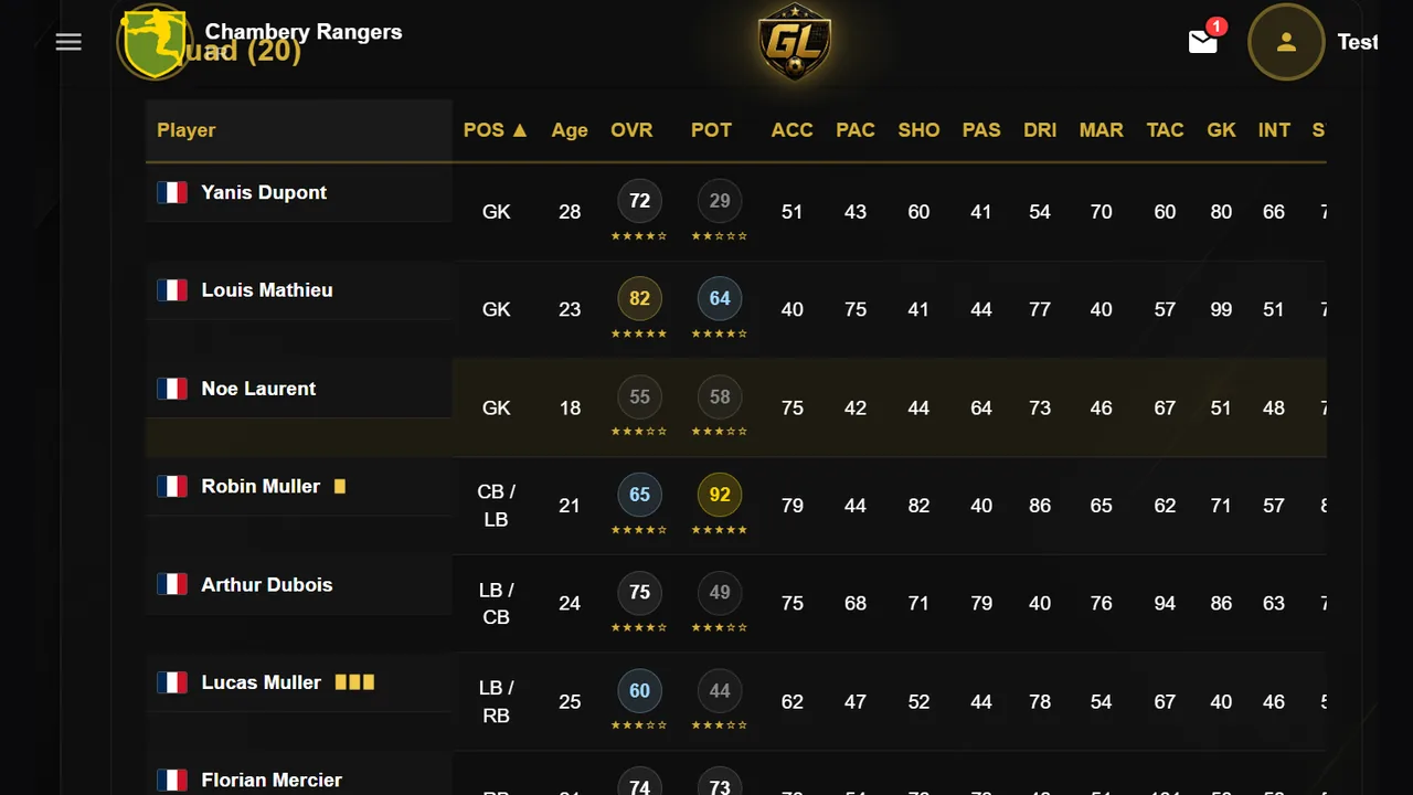 Goal Legends squad management screen